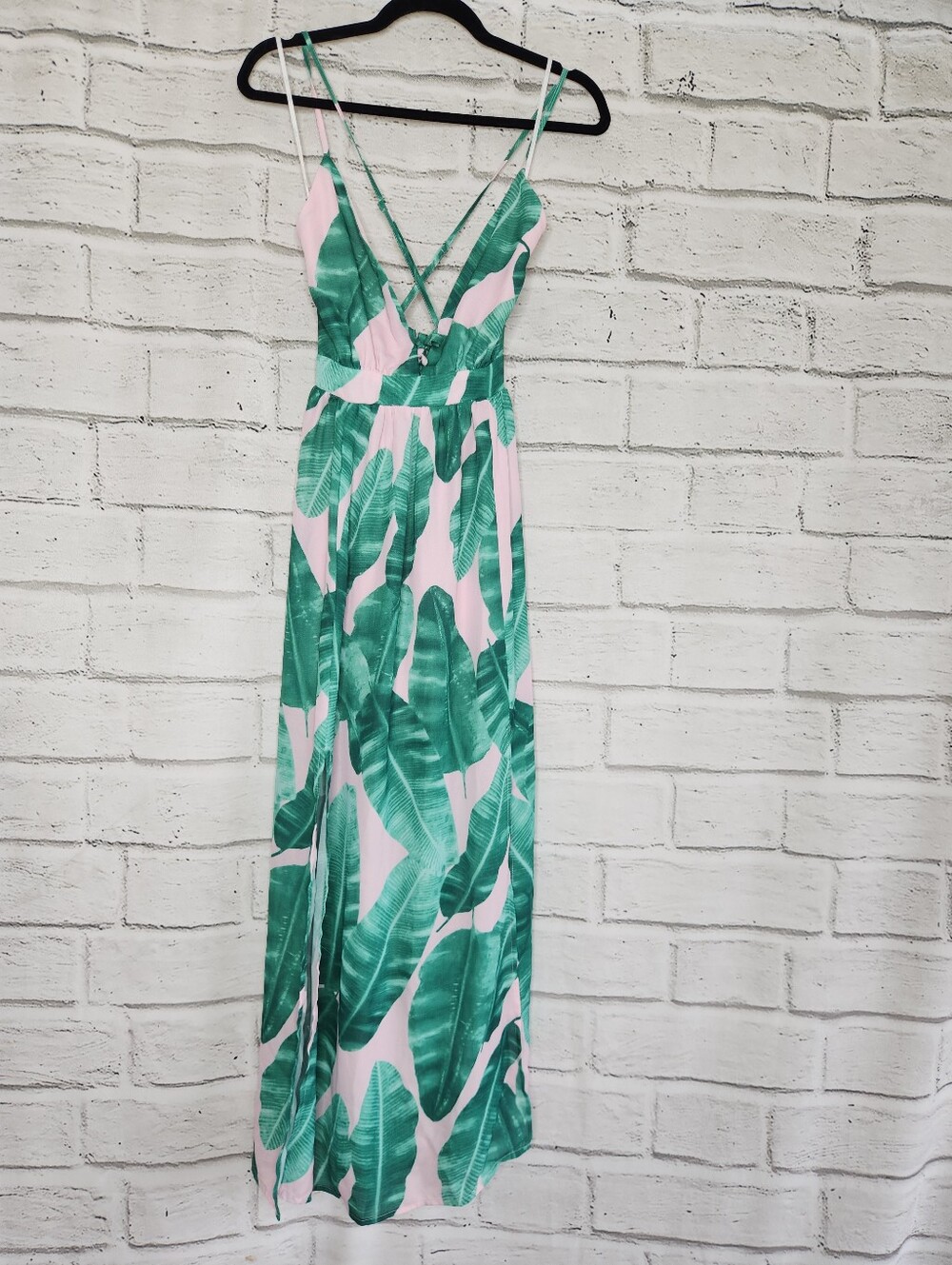 Lulus Island Essentials Pink Leaf Tropical Leaf Print Maxi Dress Green Pink XS